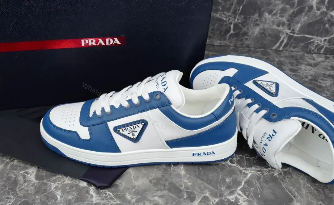 View 9 of PRADA DOWNTOWN LEATHER SNEAKERS IN WHITE AND LACQUER BLUE- PRD011