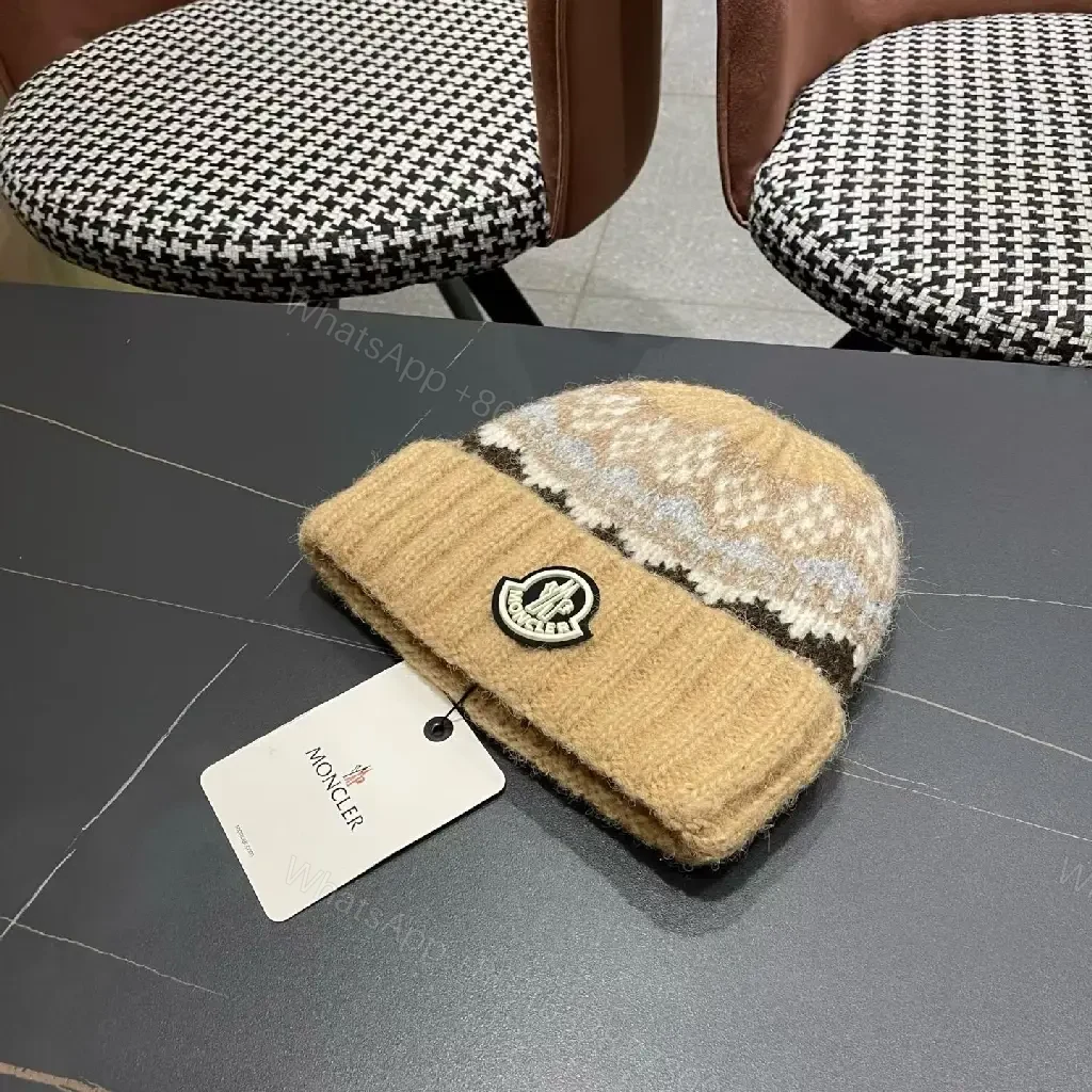 View 8 of Chunky Knit Beanie – Textured Camel Knit, Moncler-Inspired Patch, Luxury Warmth