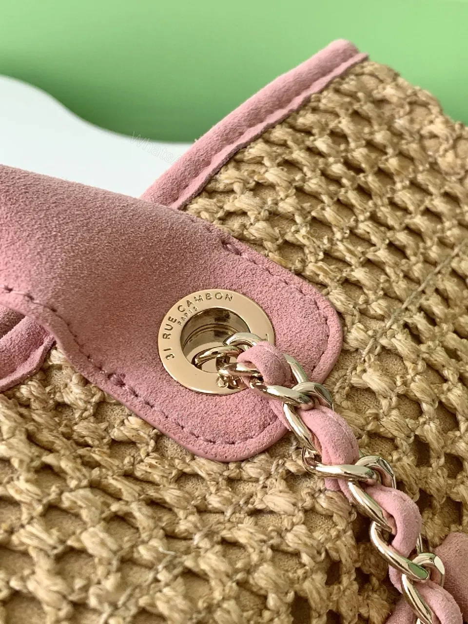 View 3 of Textured Straw Pink Tote with Chain Detail Bag
