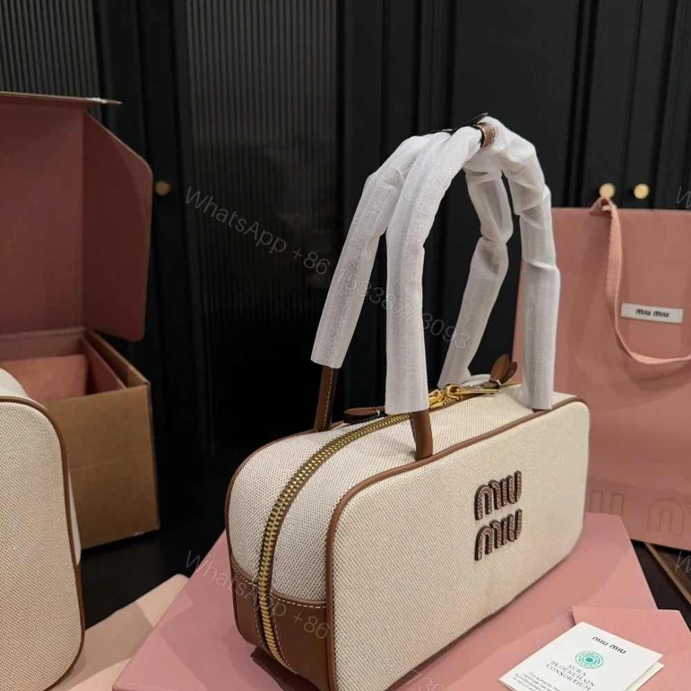 View 4 of MIUMIU BEAU CANVAS BAG BEIGE AND BRANDY 28CM 5BB173 ACRN F062F V OWM