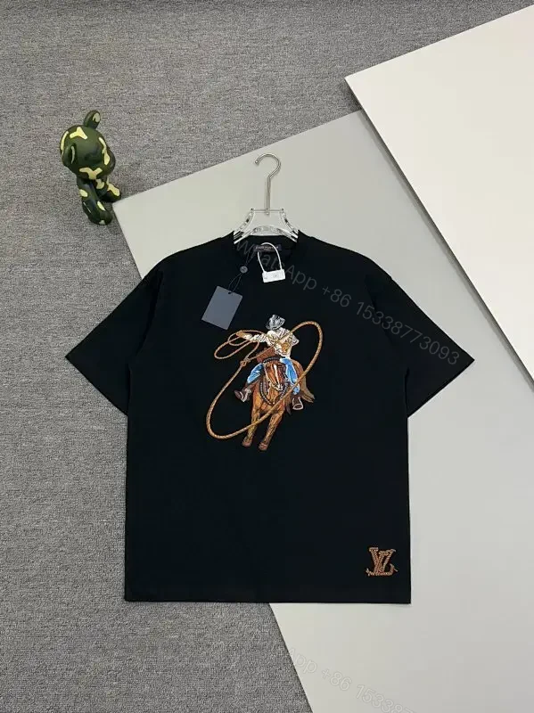 Black Cotton Tee with Cowboy Motif & Hem LV Emblem, Premium Luxe Style — view 1