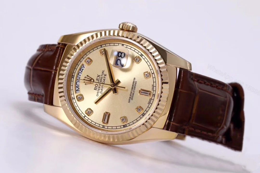 一比一 Rolex 總統表香檳盤金殼棕色皮帶星期日历高仿腕錶 — view 1