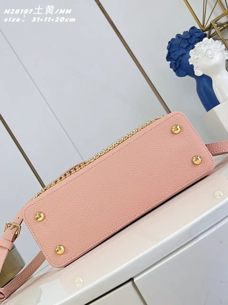 View 7 of Soft Pink Leather Handbag with Gold Hardware