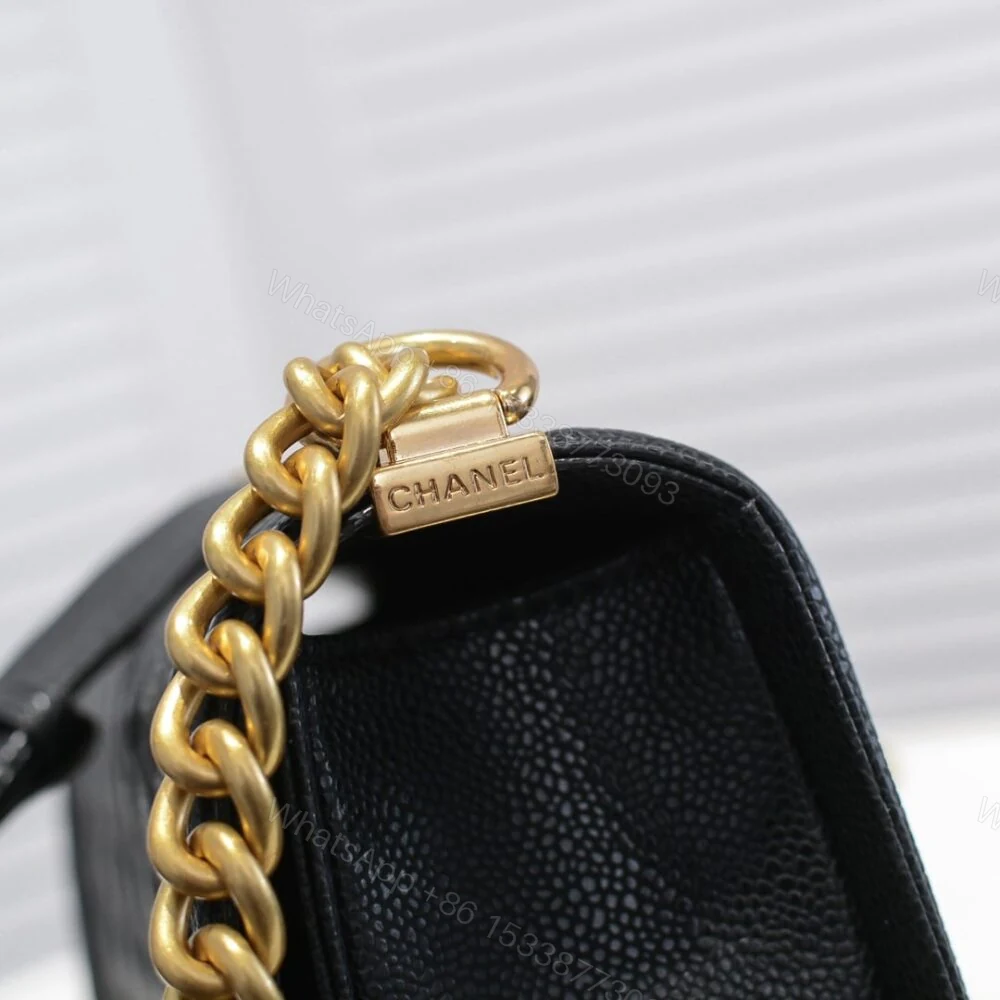 View 5 of Chanel Boy Medium Handbag Grained And Gold Tone Metal Black 25Cm