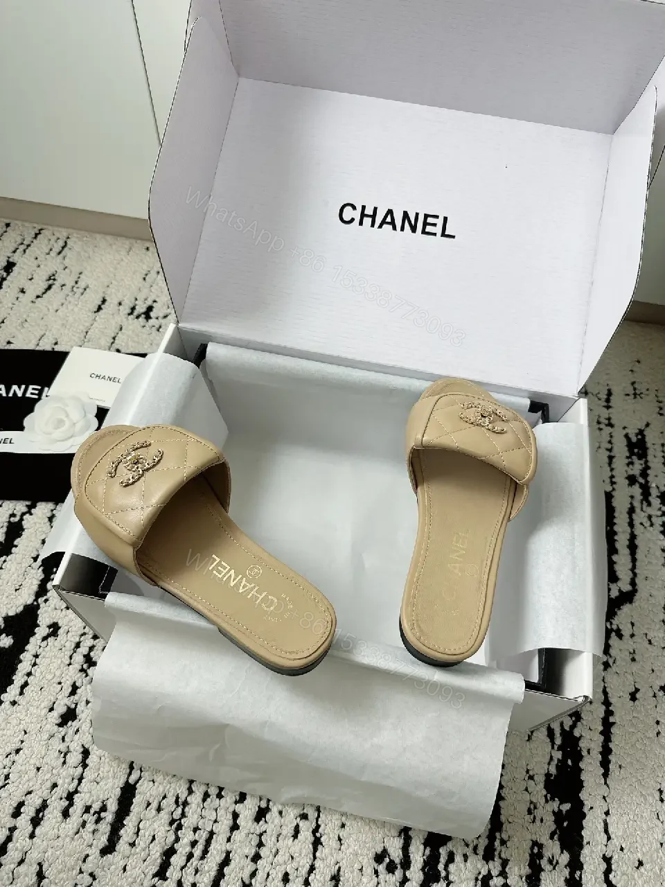 View 3 of Neutral Beige Leather Slides + Logo Accent, Modern Luxury Slide
