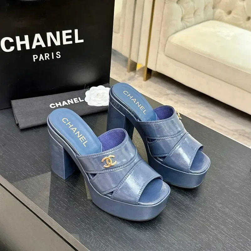 Blue Leather Platform Mules with Logo Hardware, Sculpted Heel — view 1