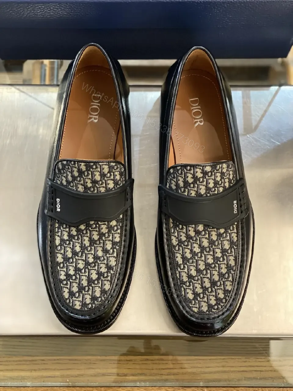 View 4 of Black Leather Dior-Pattern Slip-On Loafers