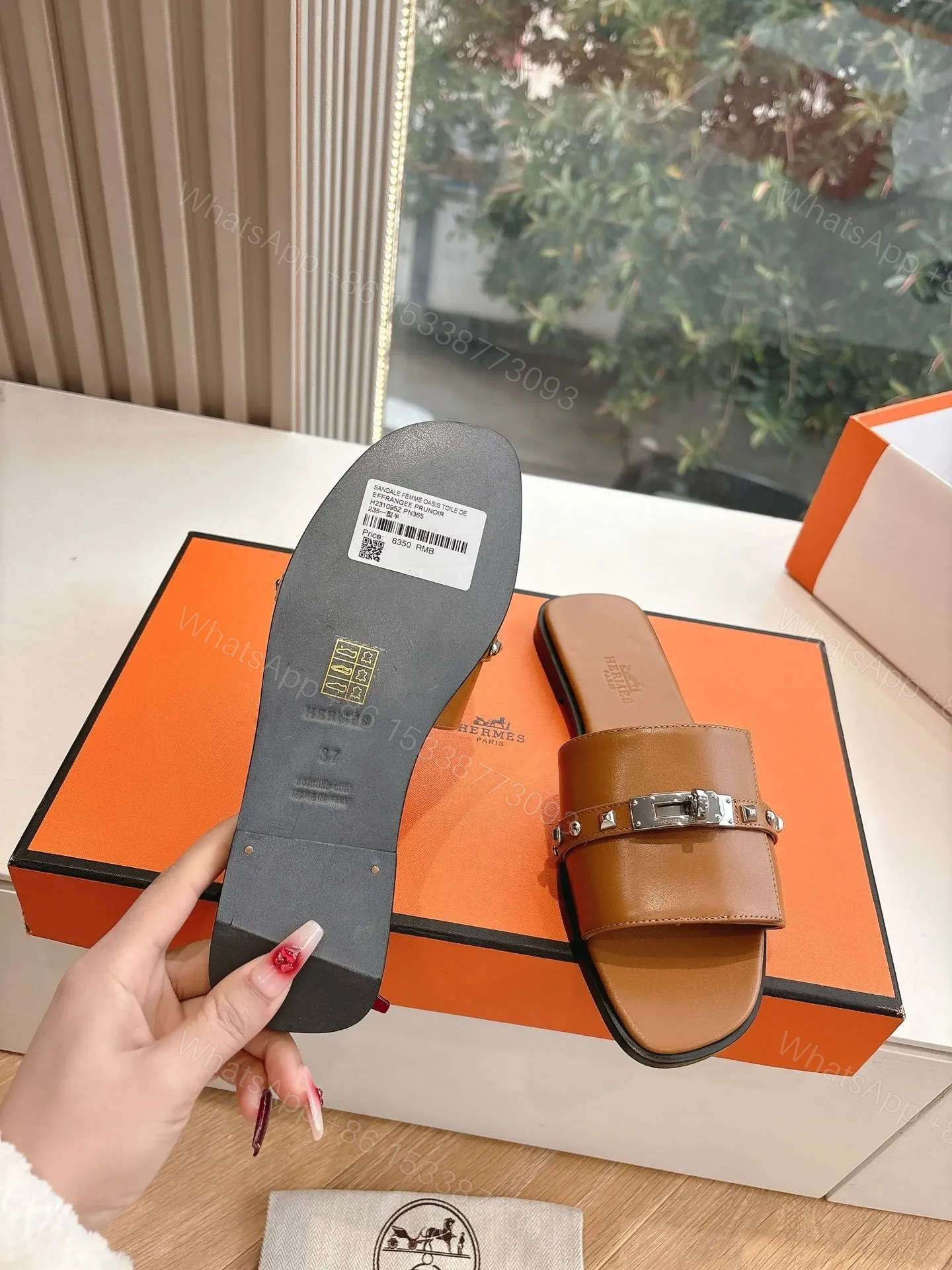 View 2 of Hermes Women Brown Leather Slide Sandals