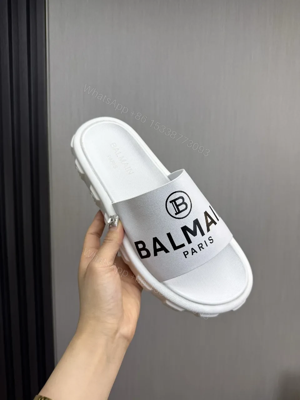 View 5 of White Slip-On with Bold Logo Band, Minimalist Comfort Slide