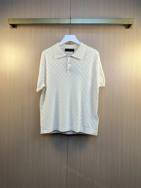 Off-White Cream Polo Shirt, Subtle Grid Pattern, 3-Button Placket — view 1