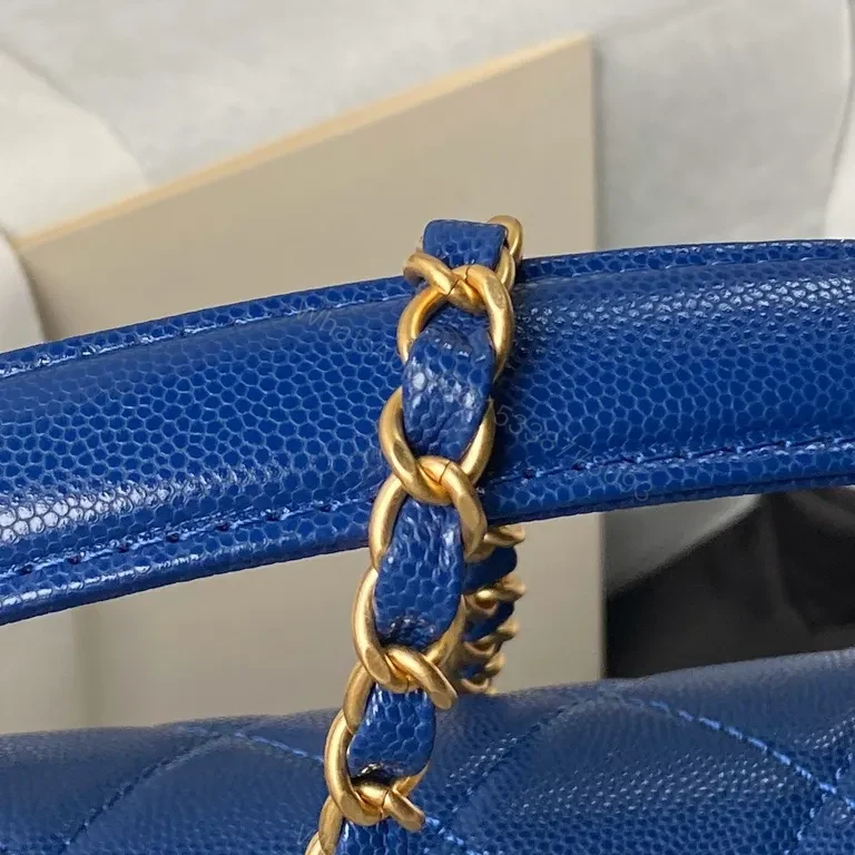 View 4 of Blue Quilted Mini Bag with Gold Hardware - Luxury Caviar Leather Style