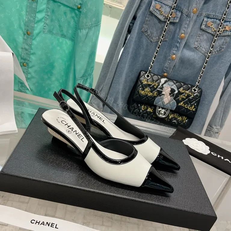 View 2 of Chanel-Inspired White & Black Slingback Heels â€“ Pointed Toe