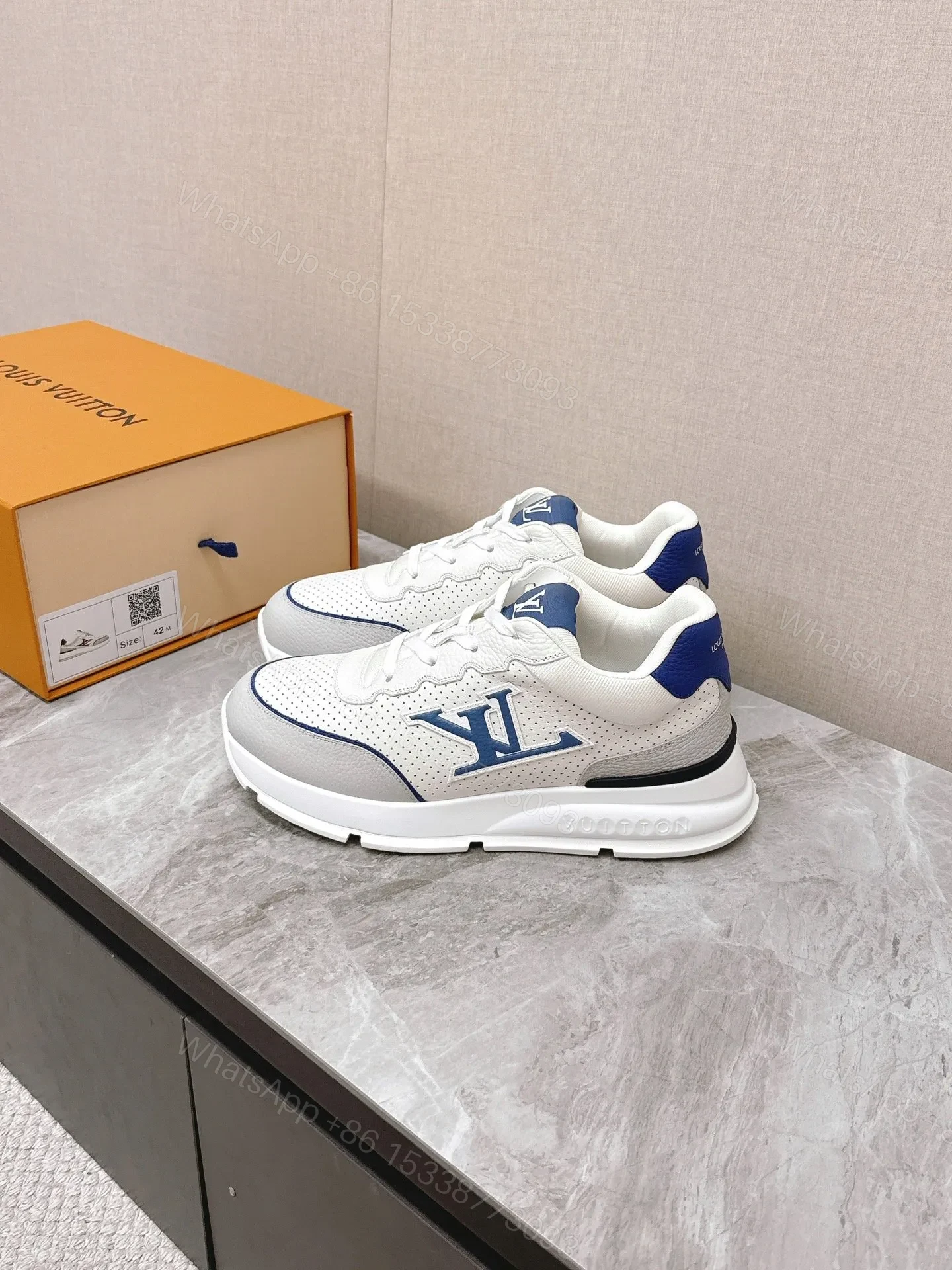 View 5 of LV Women White Leather Sneakers With Blue Accents
