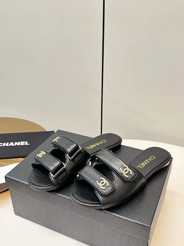 Black Leather Slip-On Sandals with Gold Hardware - Sophisticated Everyday Glam — view 1