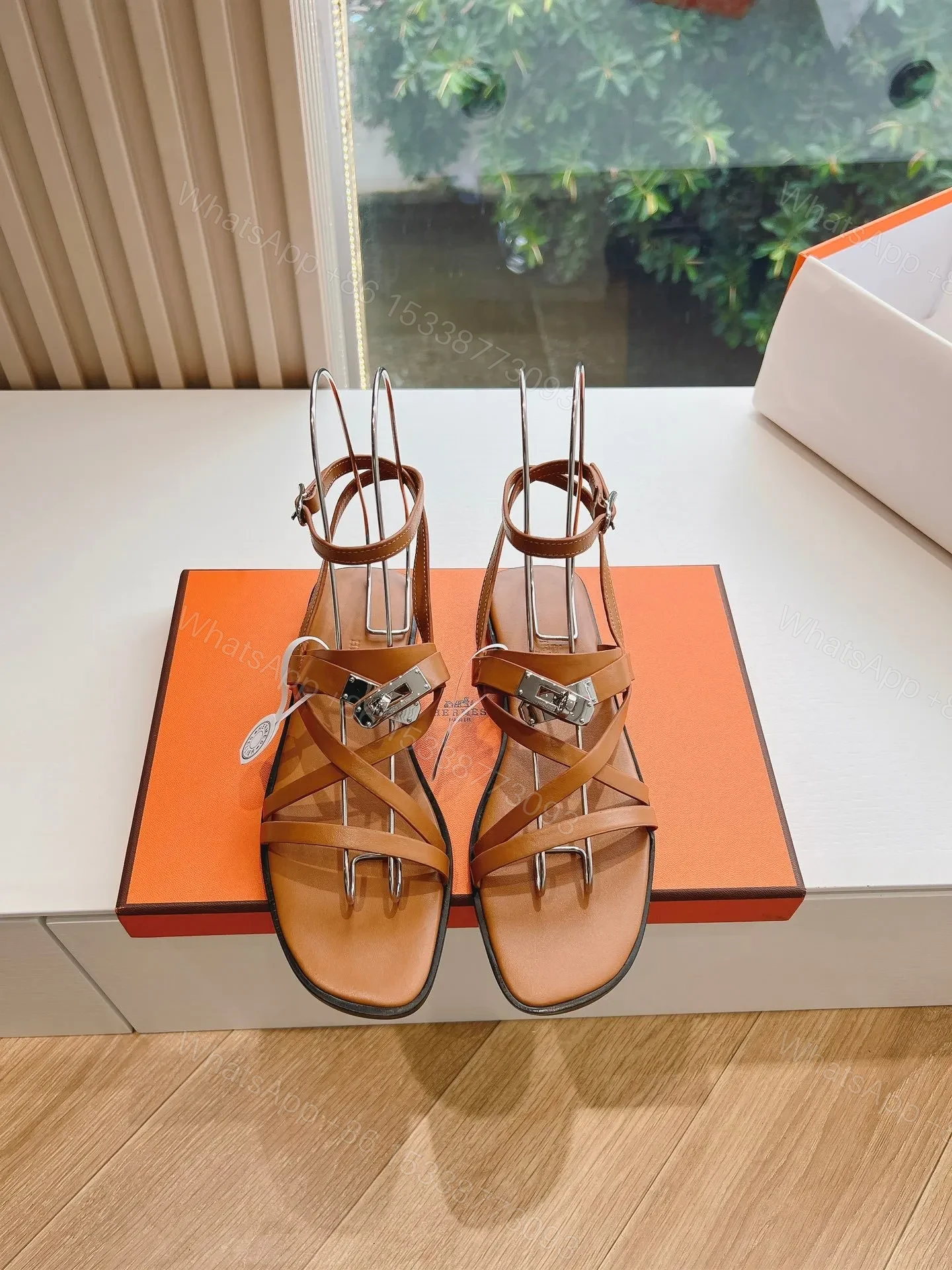 Hermes Women Tan Leather Strappy Sandals — view 1
