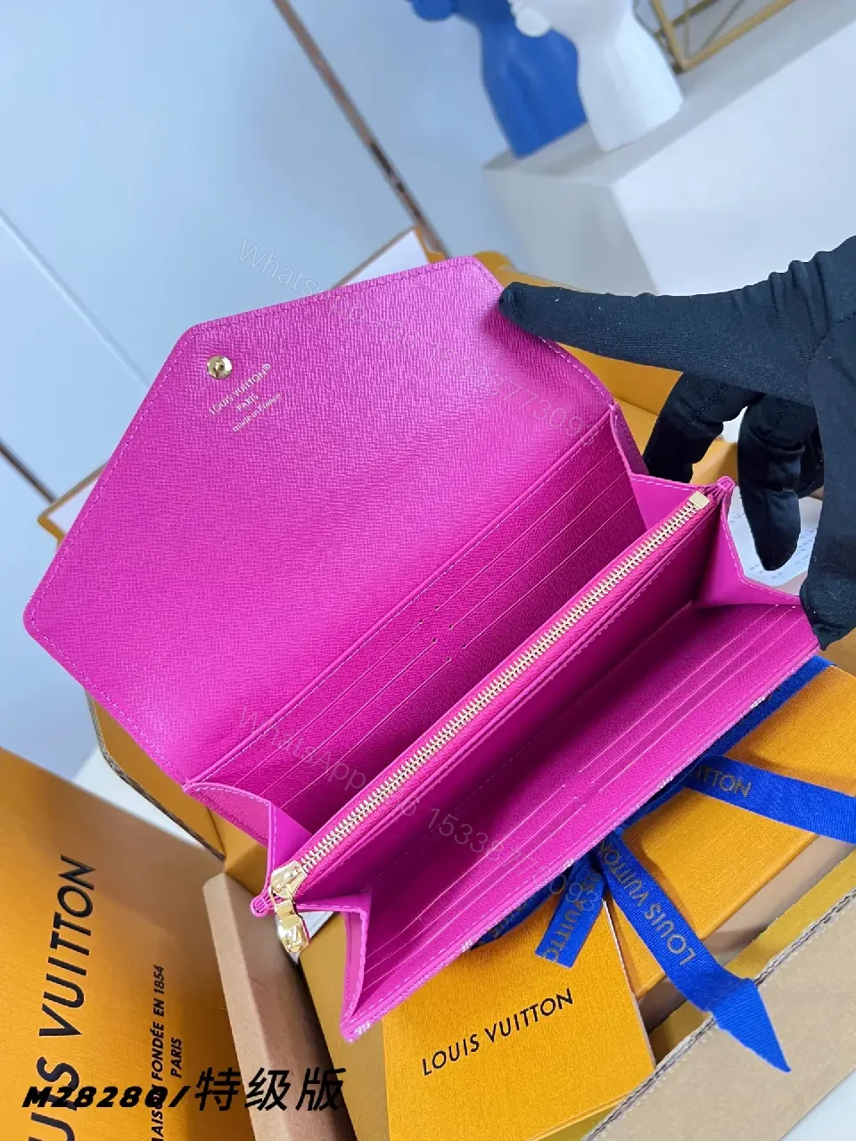 View 5 of Vibrant Pink LV Monogram Embossed Flap Wallet Clutch