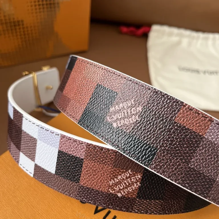 View 8 of Statement Pattern Leather Belt with LV Buckle - Luxury Brown/Black Belt