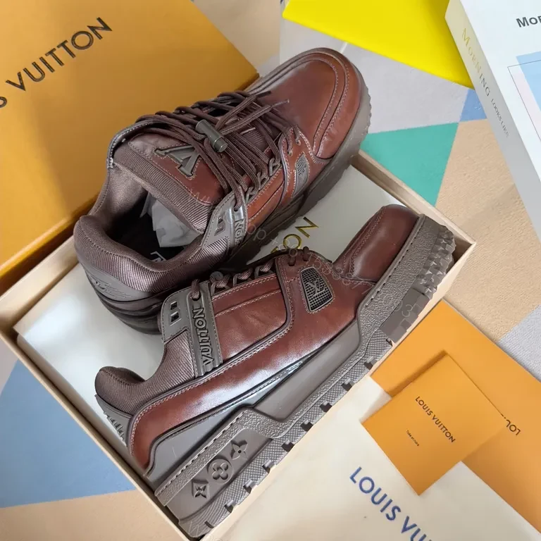 View 4 of Premium Leather Trail Sneakers: Burgundy, LV-Inspired Detail, All-Day Comfort