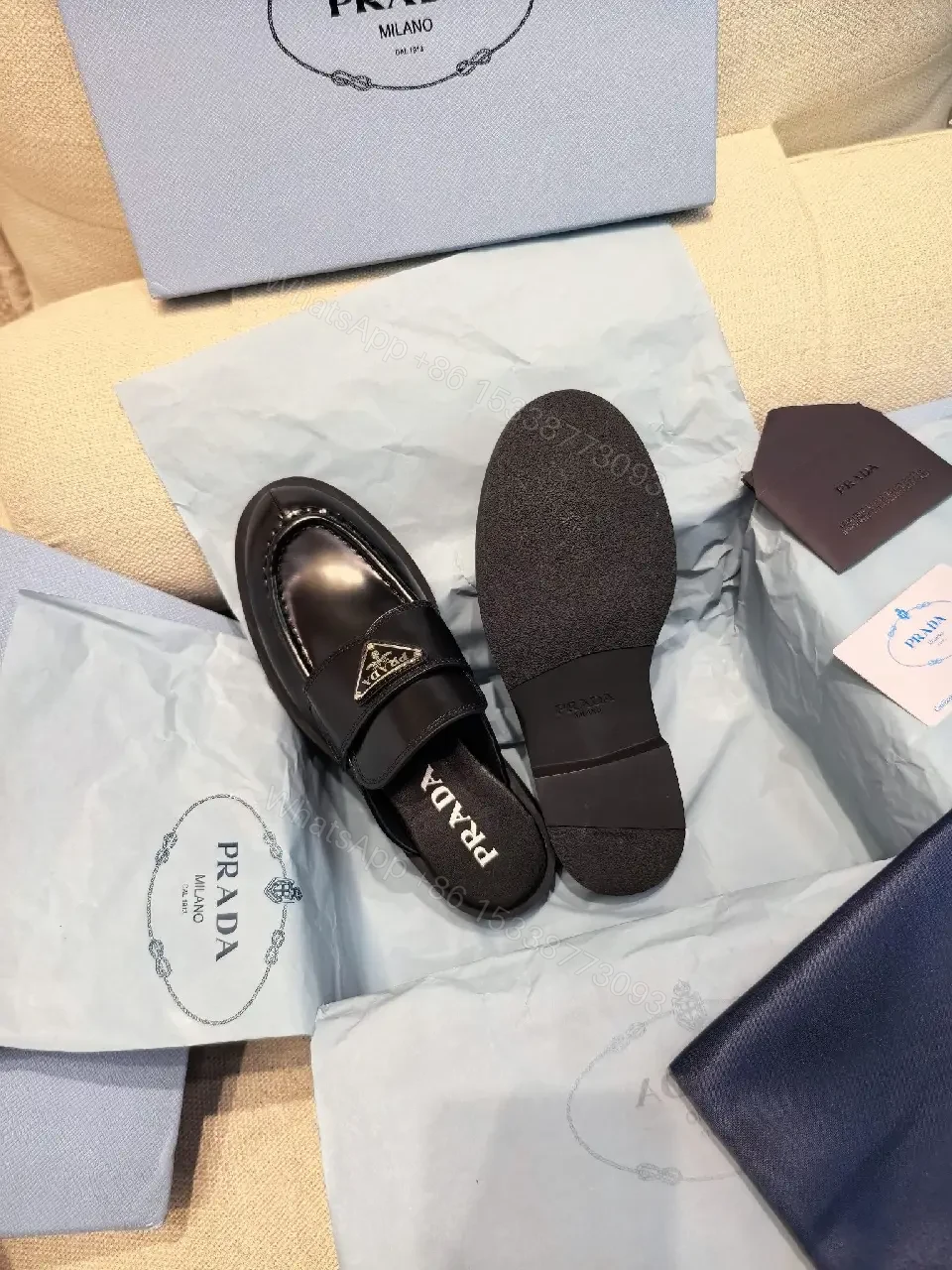 View 10 of Black Leather Prada Mules with Logo Detail Sliders, Women’s Fashion