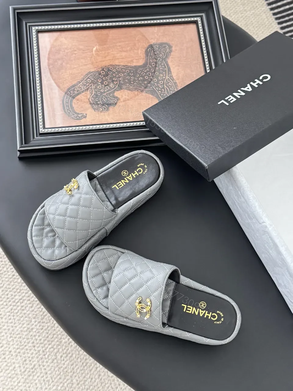 View 4 of Grey Quilted Mule & Slide Set - Lux Comfort, Gold Hardware