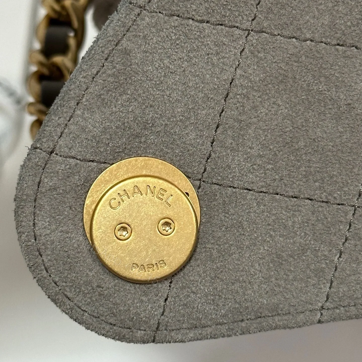 View 2 of NEW CHANEL 25 HANDBAG 30 IN NATURAL GREY SUEDE GOLD HARDWARE