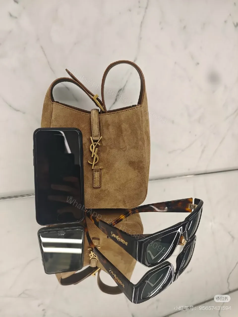 View 5 of Soft Suede Crossbody Bag with Gold Accent Emblem - Compact Style