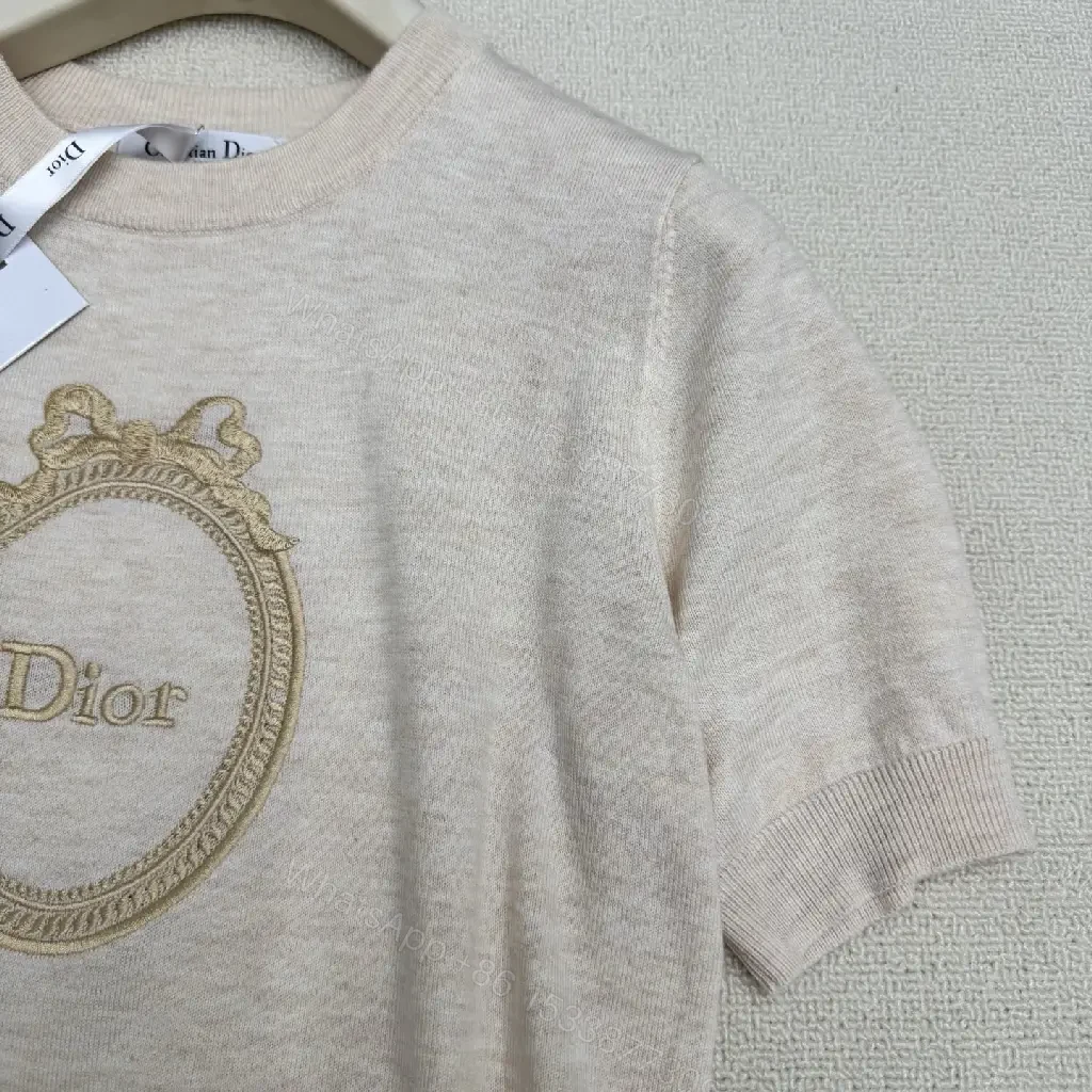 View 7 of Beige Cotton Knit Tee with Gold Crest Emblem
