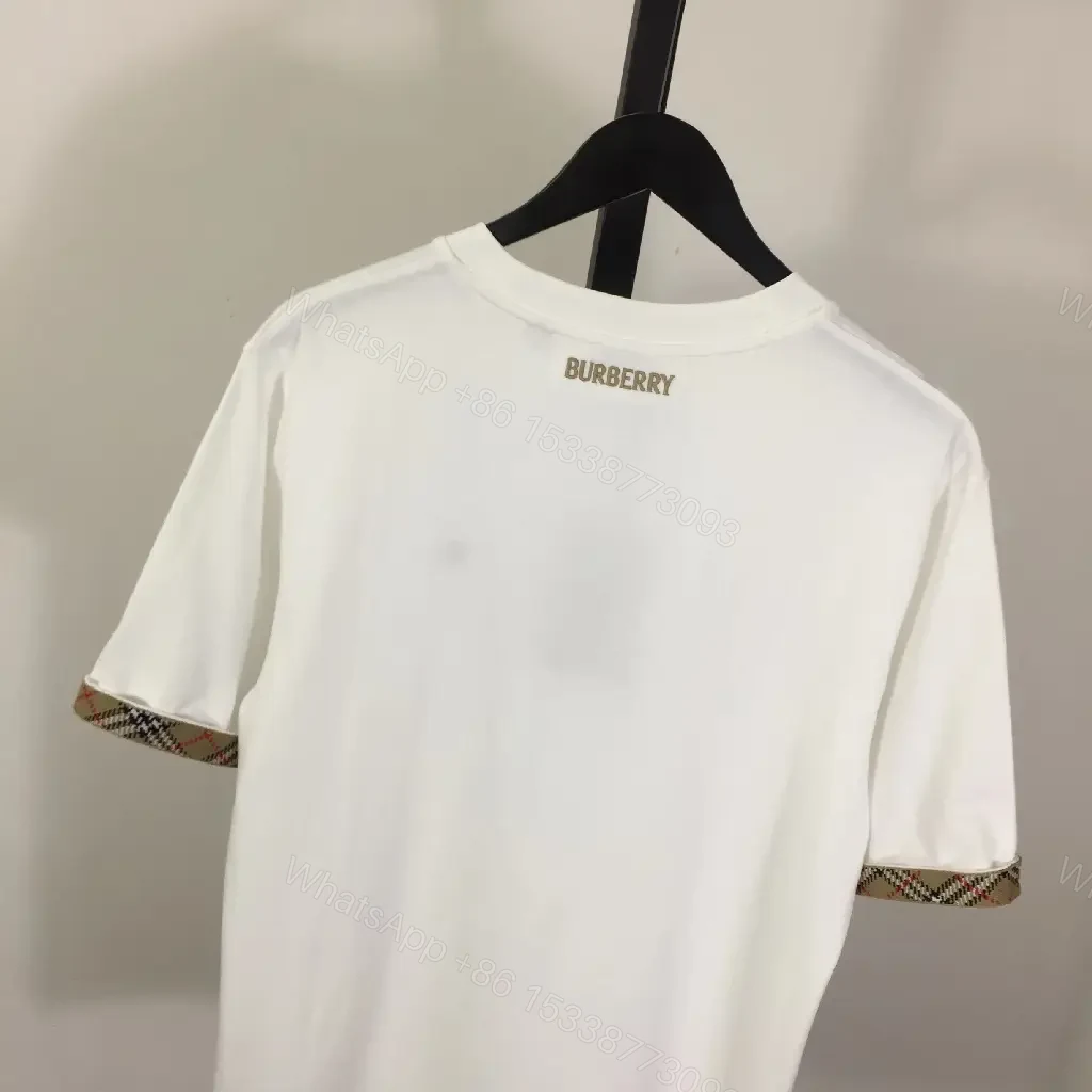 View 5 of White Cotton T-Shirt with Plaid Trim, Crewneck, Short Sleeves