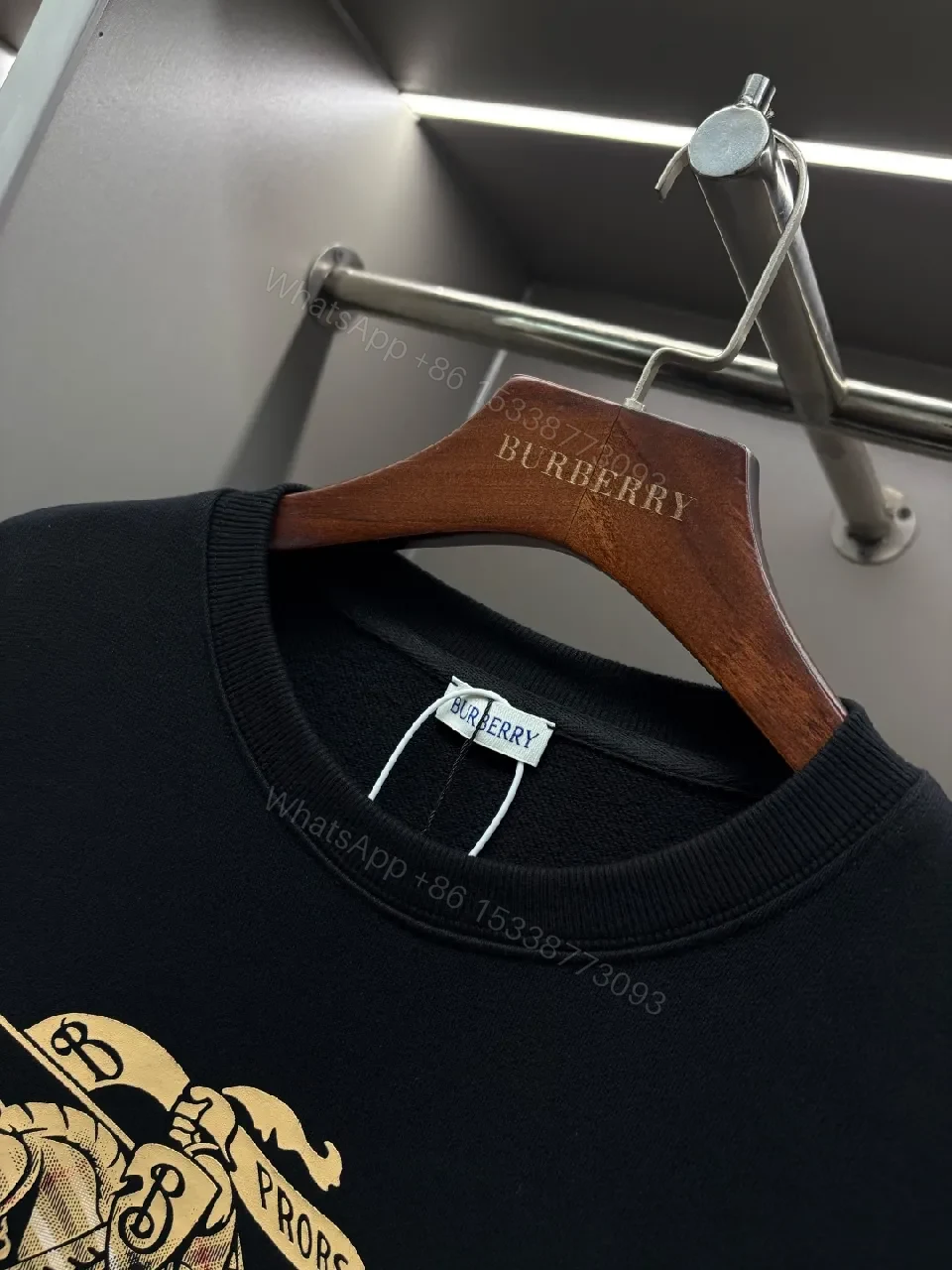 View 3 of Black Cotton Crewneck Sweatshirt with Metallic Crest Print, Modern Heritage, All‐Day Comfort