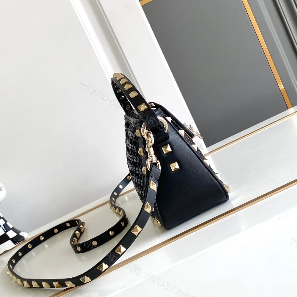 View 3 of VALENTINO GARAVANI ROCKSTUD RAFFIA SMALL CROSSBODY BAG BLACK 19CM