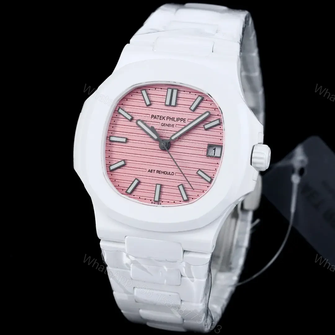 View 2 of Patek Philippe Pink Ceramic Nautilus Watch White Bracelet Ultimate 40MM PP-NAU-PNK-CER-WHT40