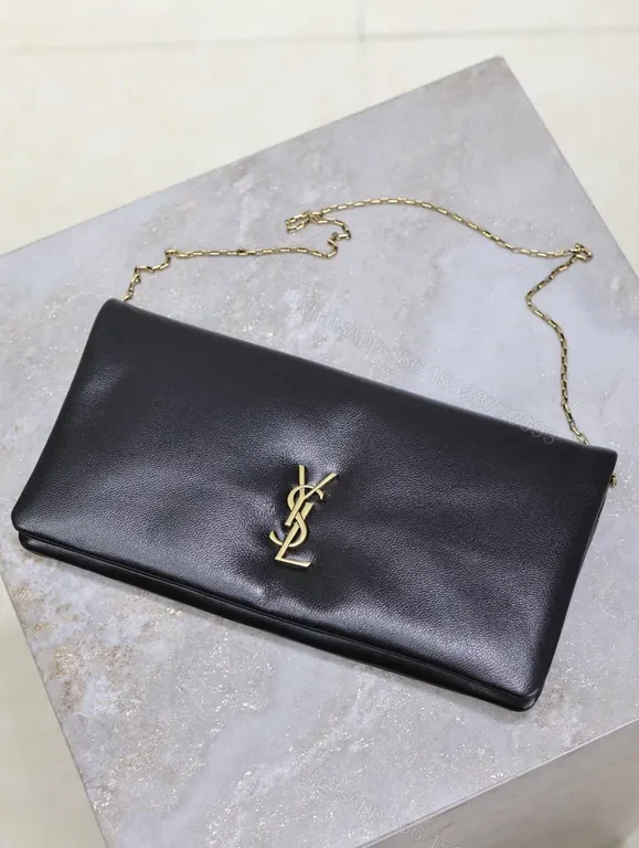 View 9 of Elegant Black Leather Clutch with YSL Gold Emblem - Night-Ready, All-Day Confidence