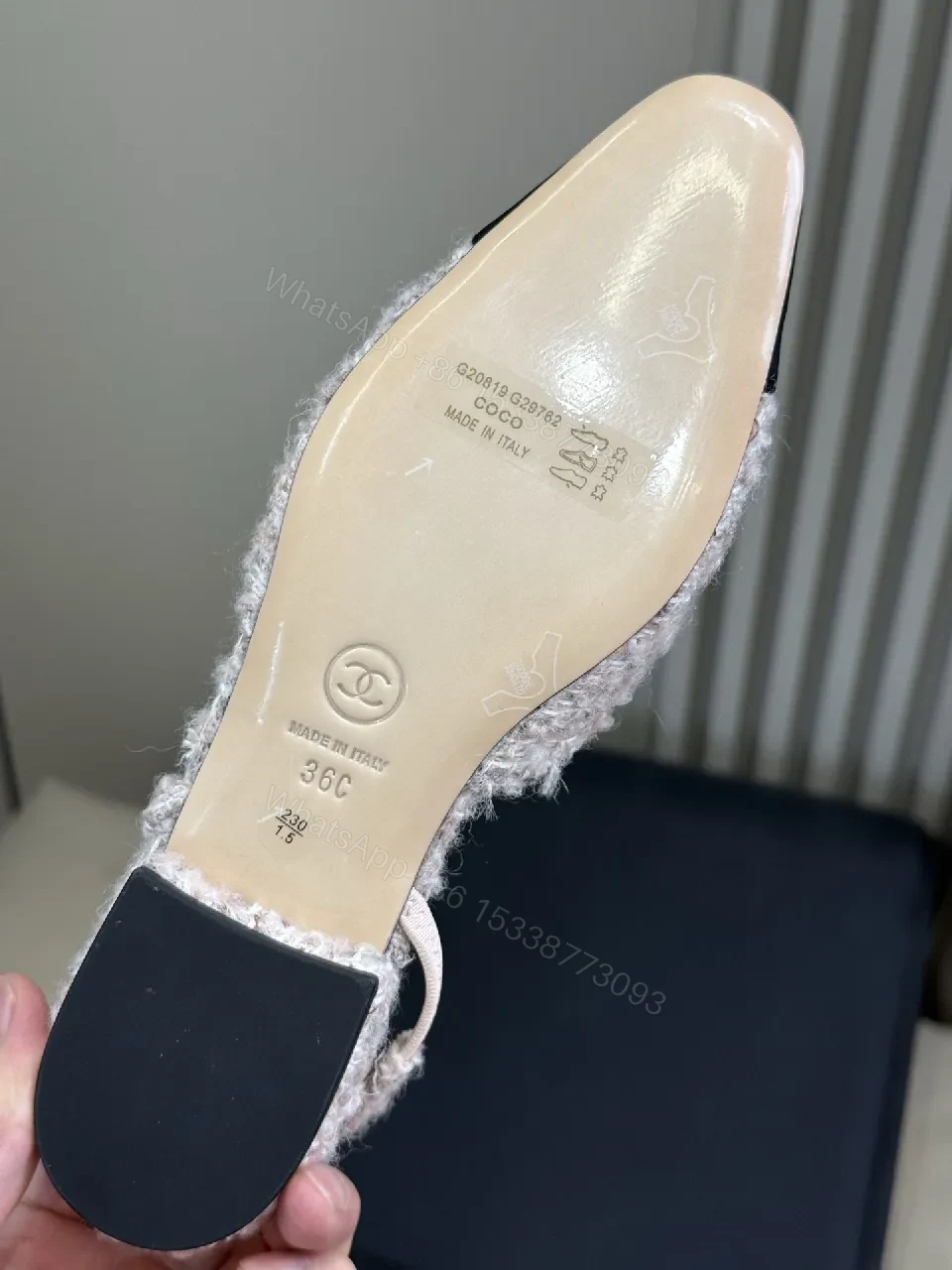 View 9 of Tweed Textured Slingback Pumps with Black Cap Toe, Open Back