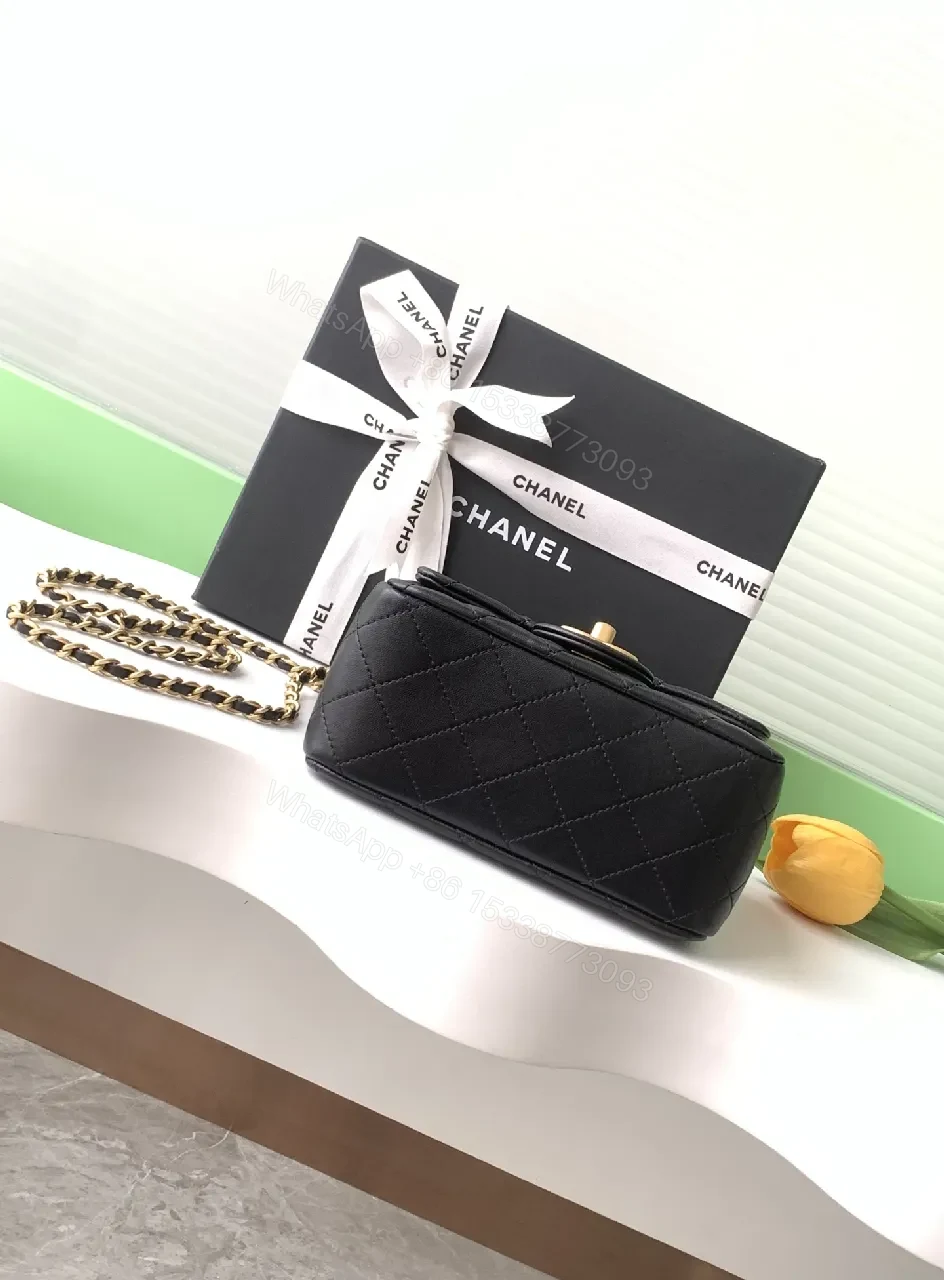 View 6 of Black Quilted Calfskin Bag - Modern Flap, Gold Chain, Luxe Essential