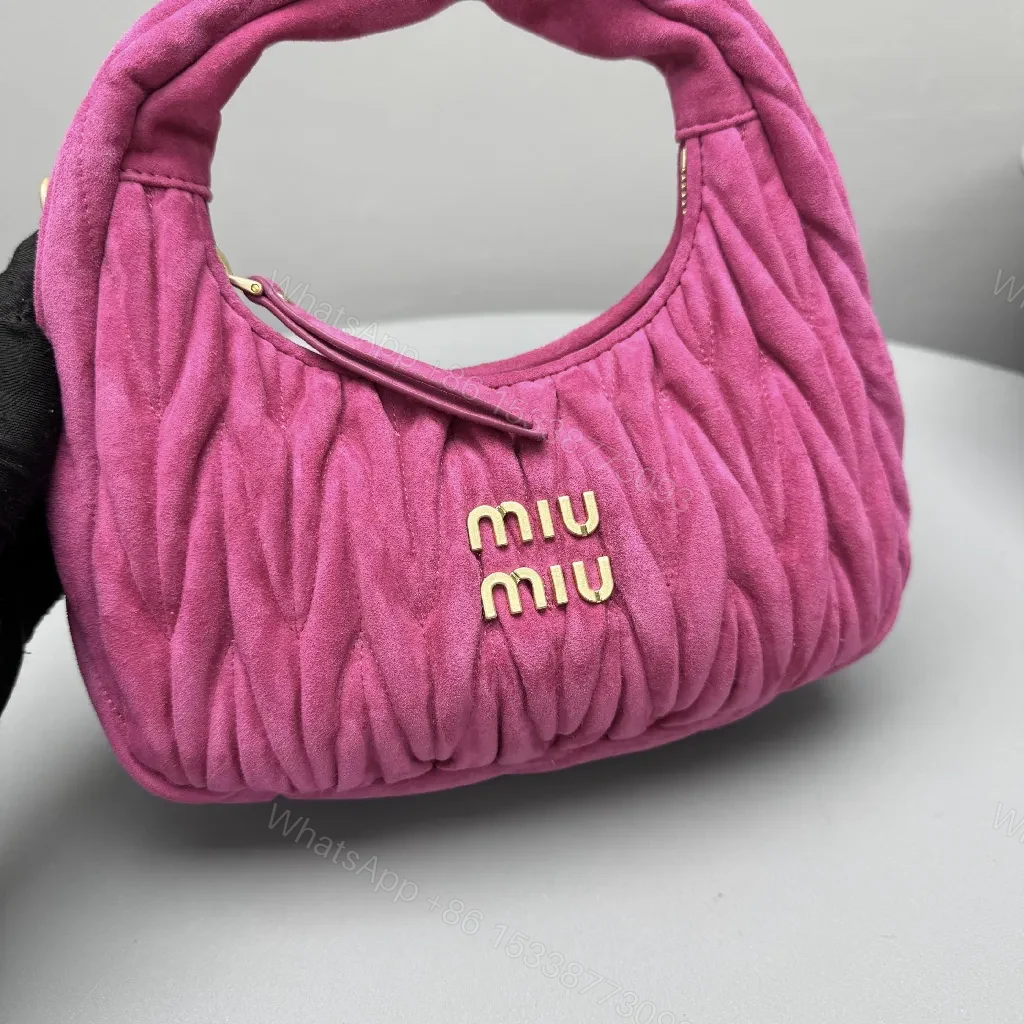 View 5 of Velvet Mini Bag: Fuchsia, Gold Logo, Top-Handle Style