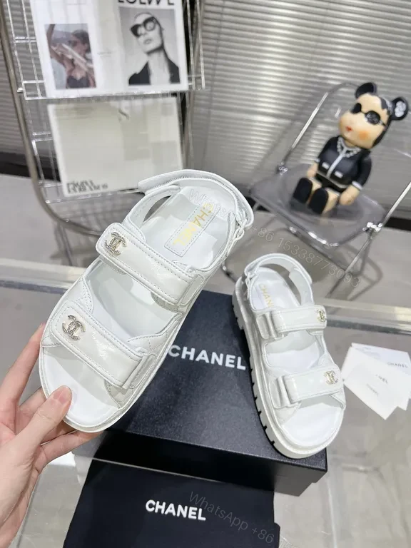 View 2 of White Leather Velcro Sandals with Chanel-Inspired Hardware