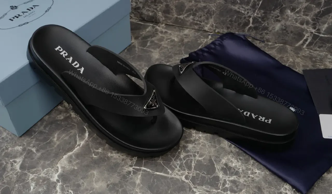 View 6 of Black Leather Flip-Flops Modern Minimalist Prada Slip-On Style Beach Footwear