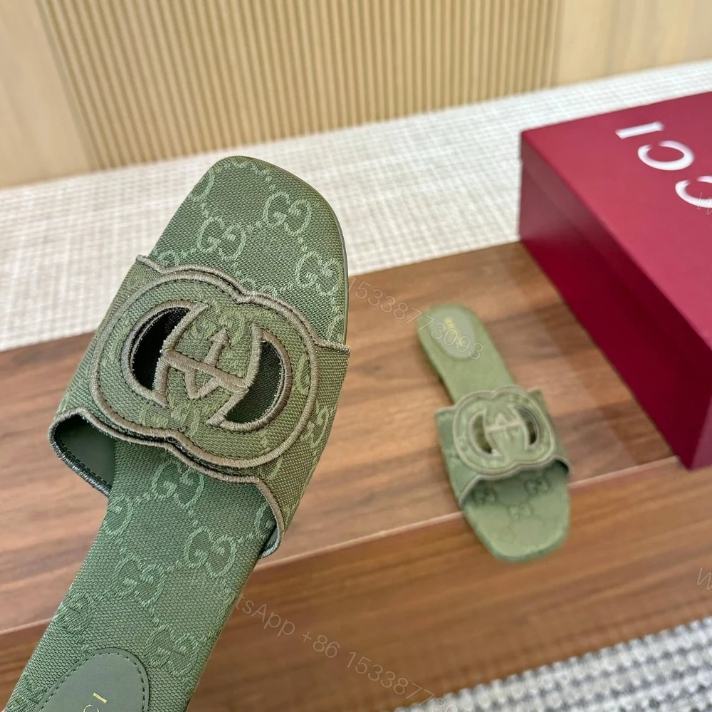 View 4 of GUCCI WOMEN SLIDE SANDAL WITH INTERLOCKING G GREEN GG CANVAS‎ ‎790447 9SF00 3005