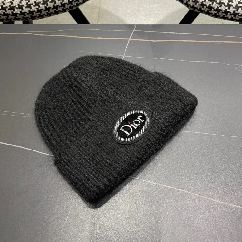 View 2 of Black Knit Beanie, Dior Patch, Subtle Luxury Winter Accessory