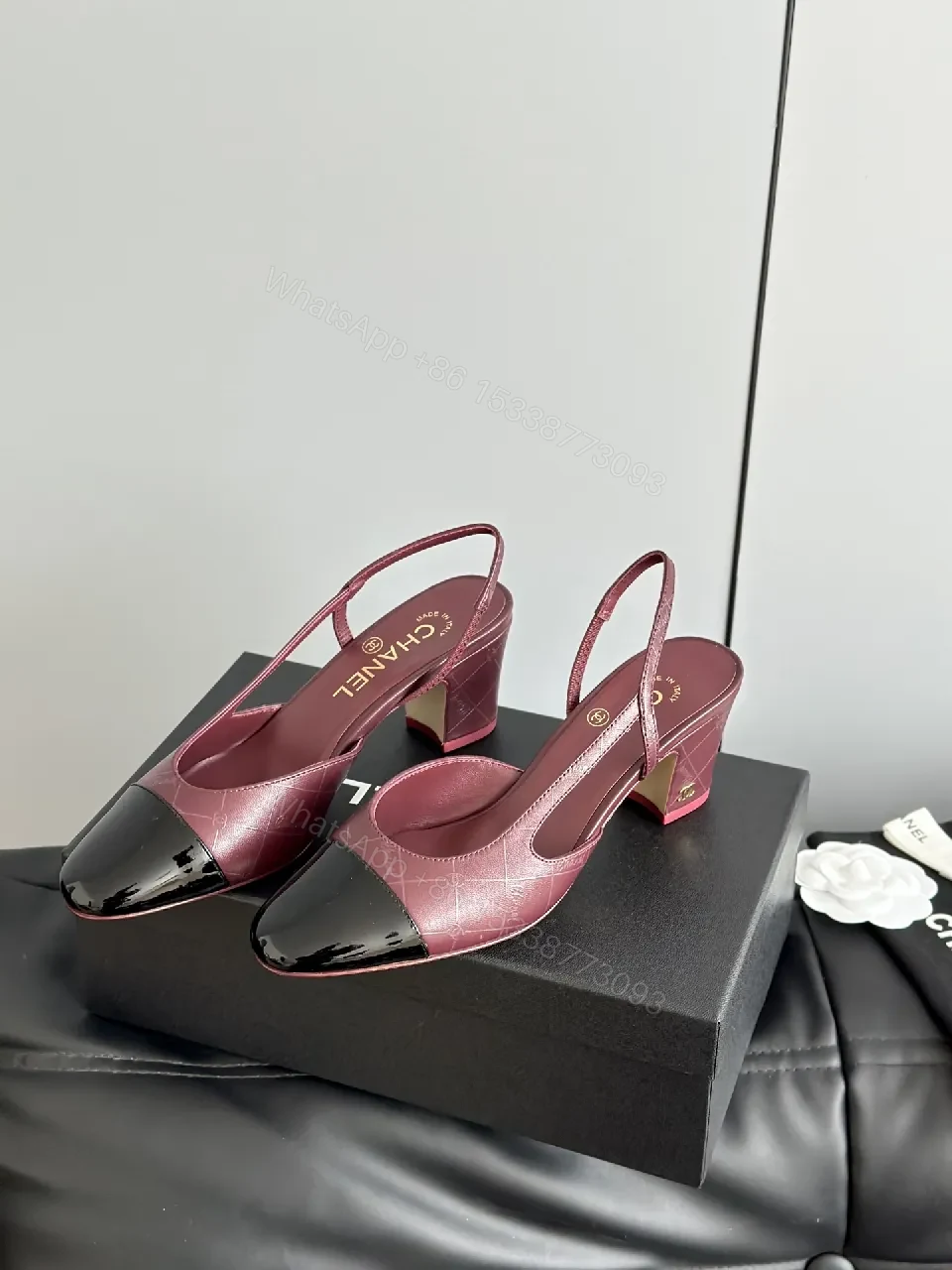 View 2 of Wine Satin Mule Pumps with Patent Cap Toe, Slip-On Style