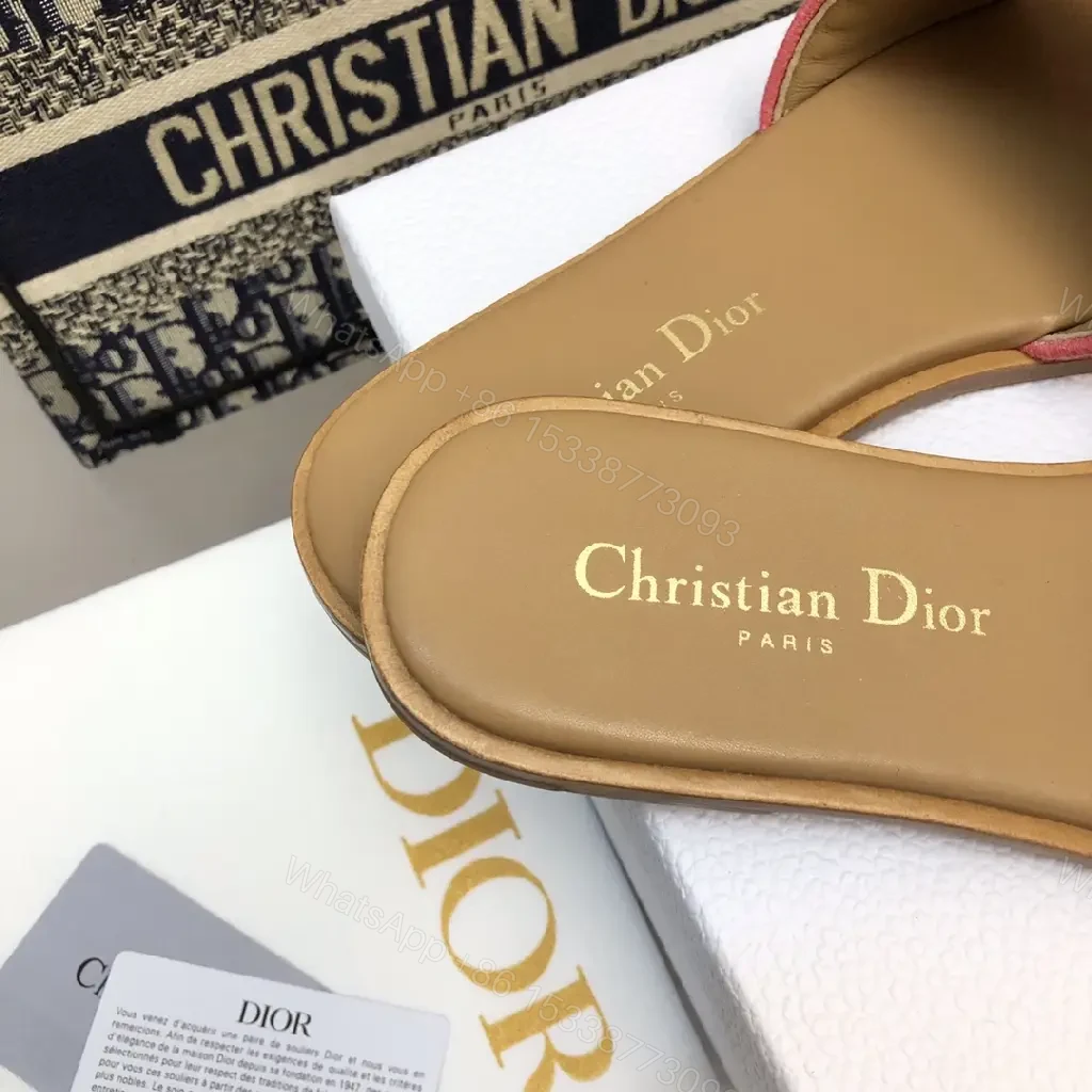 View 7 of Red Striped Straw Summer Sandals with Dior Logo Sliders