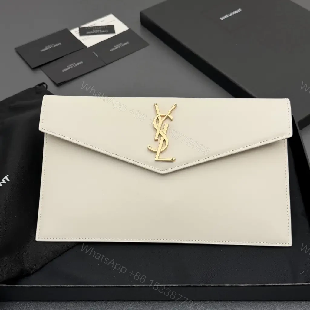 View 4 of Ivory Leather Envelope Clutch with Gold-Tone Hardware, Minimalist Chic