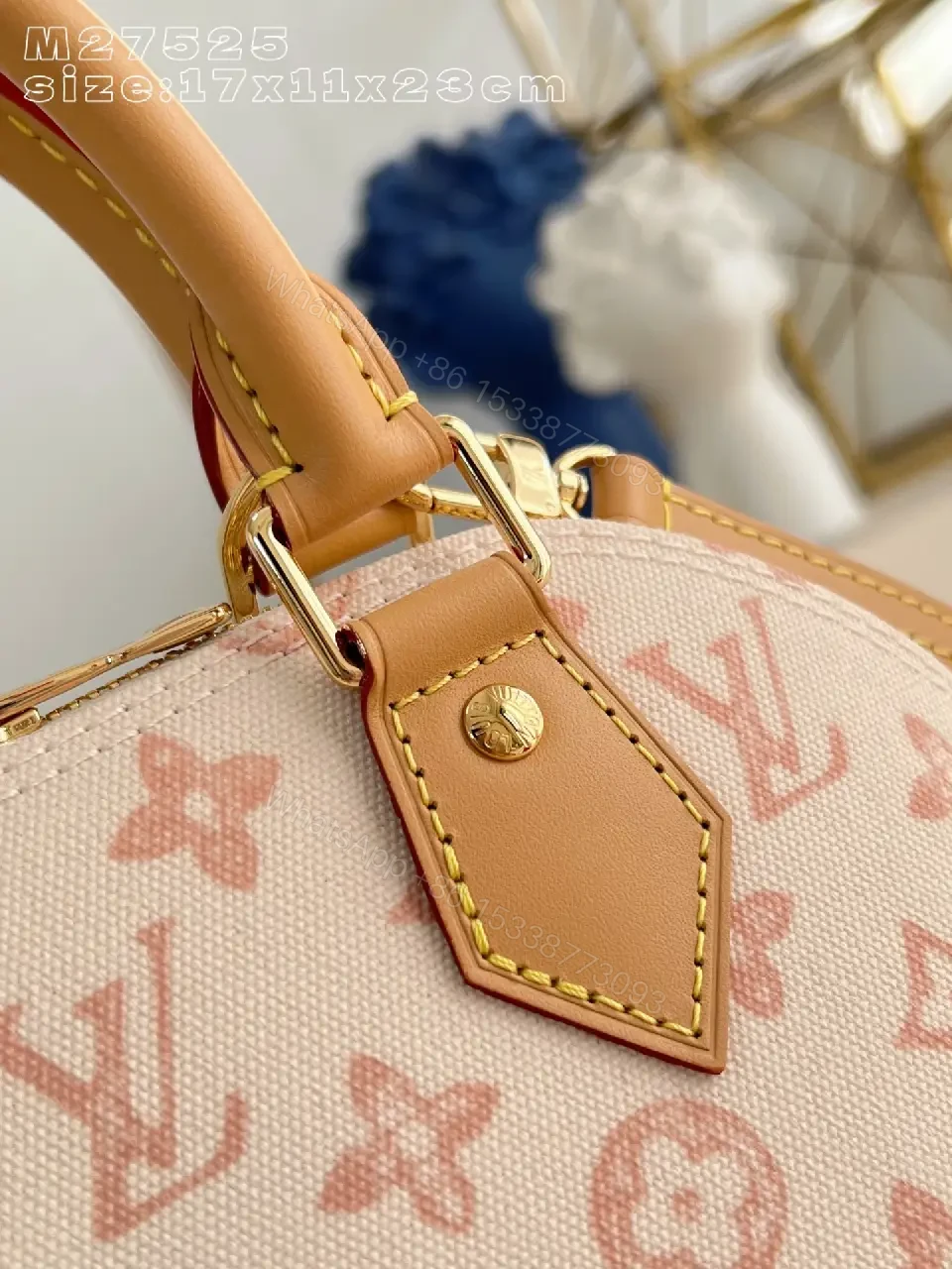 View 3 of Soft Pink Monogram Satchel with Tan Leather Trims