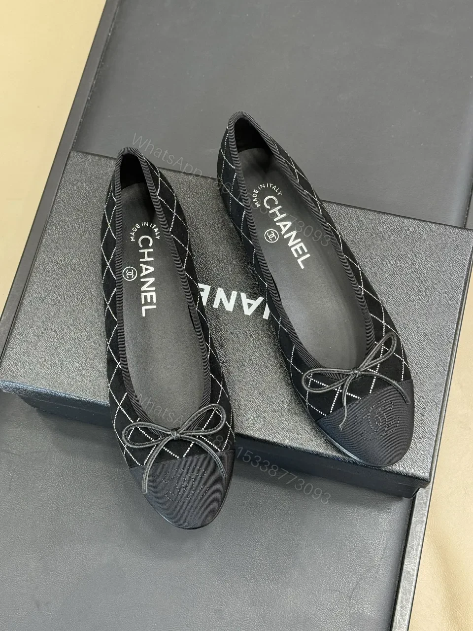 View 6 of Black Diamond-Grid Ballet Flats, Flat-Soled Comfort
