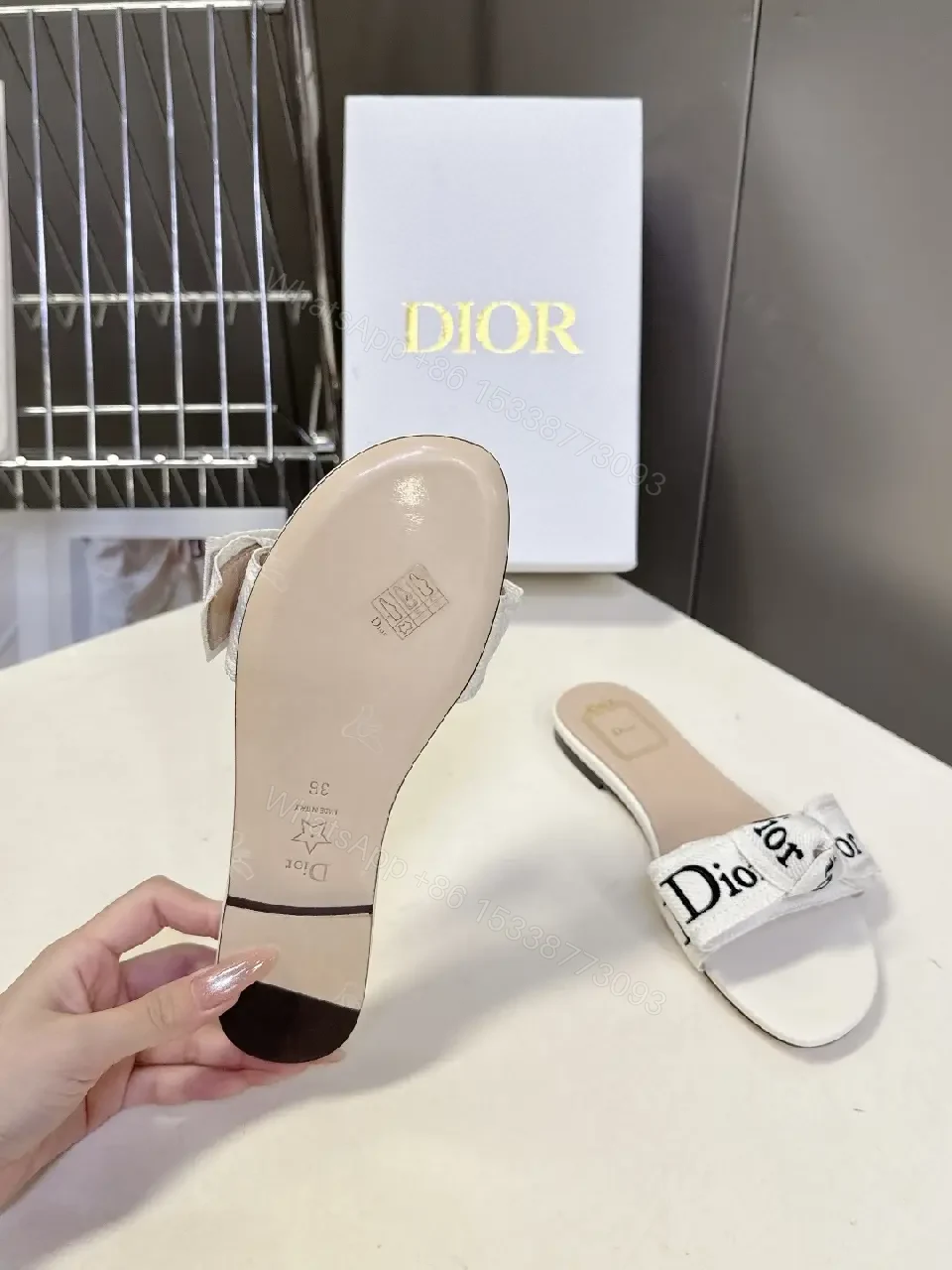 View 8 of White Satin Dior-Logo Slide Sandals