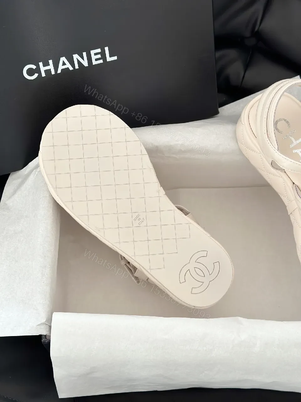 View 6 of Elegant Comfort Sandal: Signature Hardware, Open-Toe, Beige Leather-like Finish