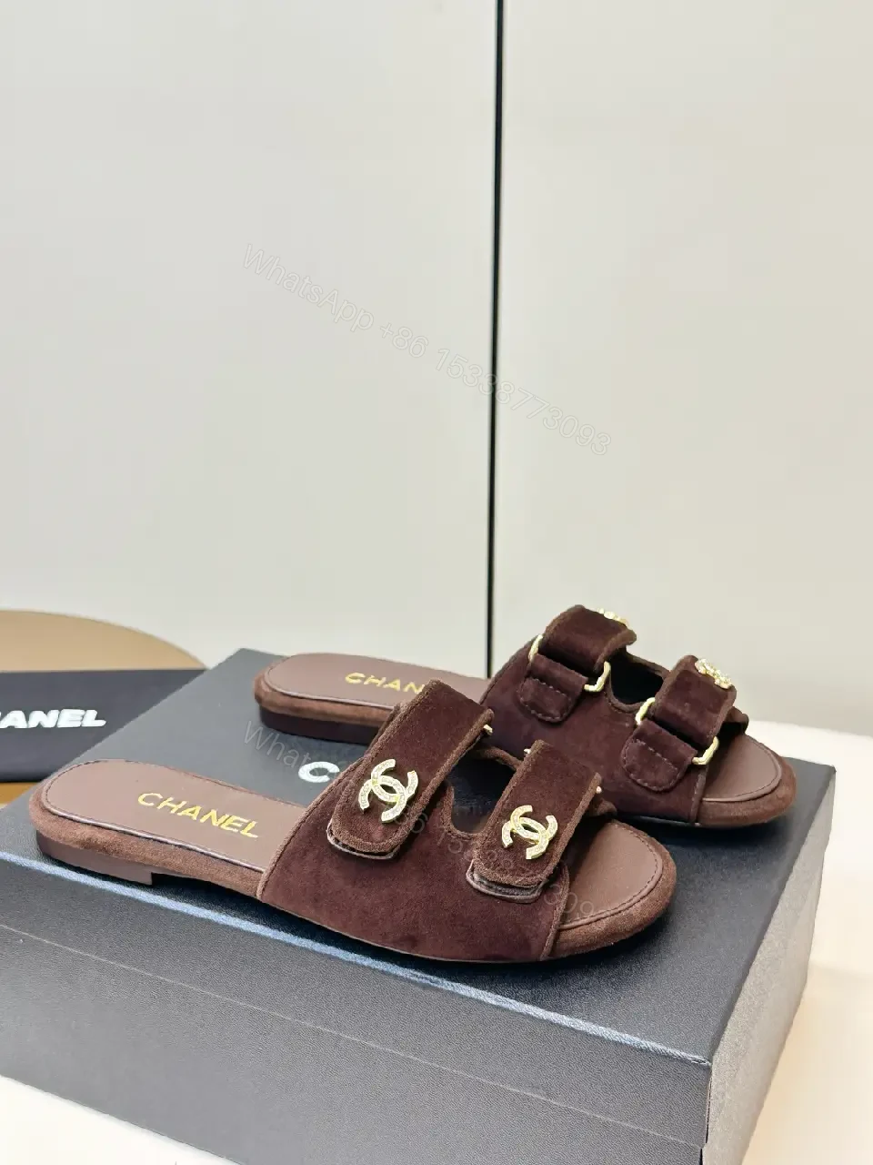 View 7 of Brown Suede Chanel-Inspired Slide Sandals: Comfort Luxury Shoes