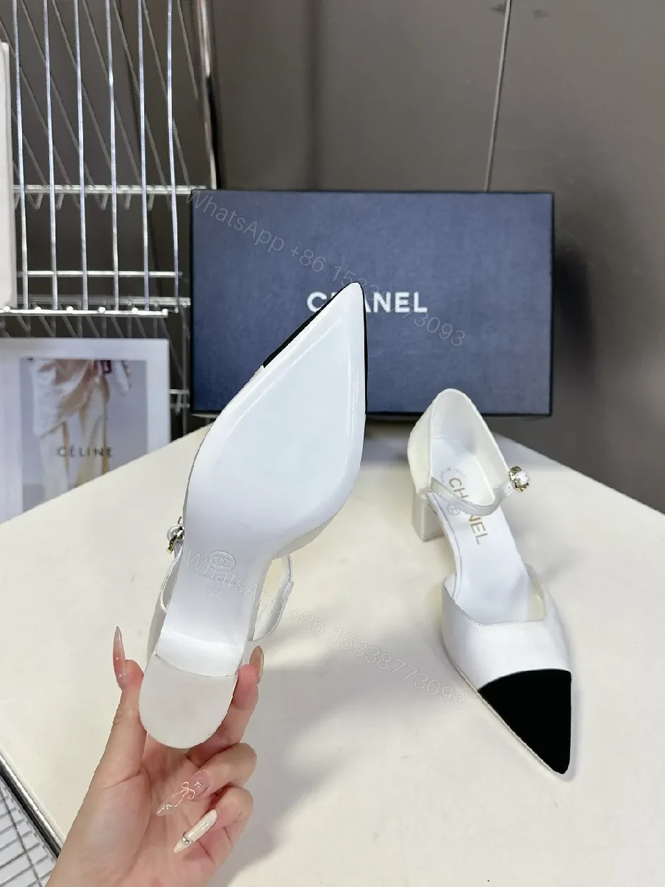 View 7 of White & Black Pointed-Toe Heel with Ankle Strap - Designer-Inspired Luxe Heel