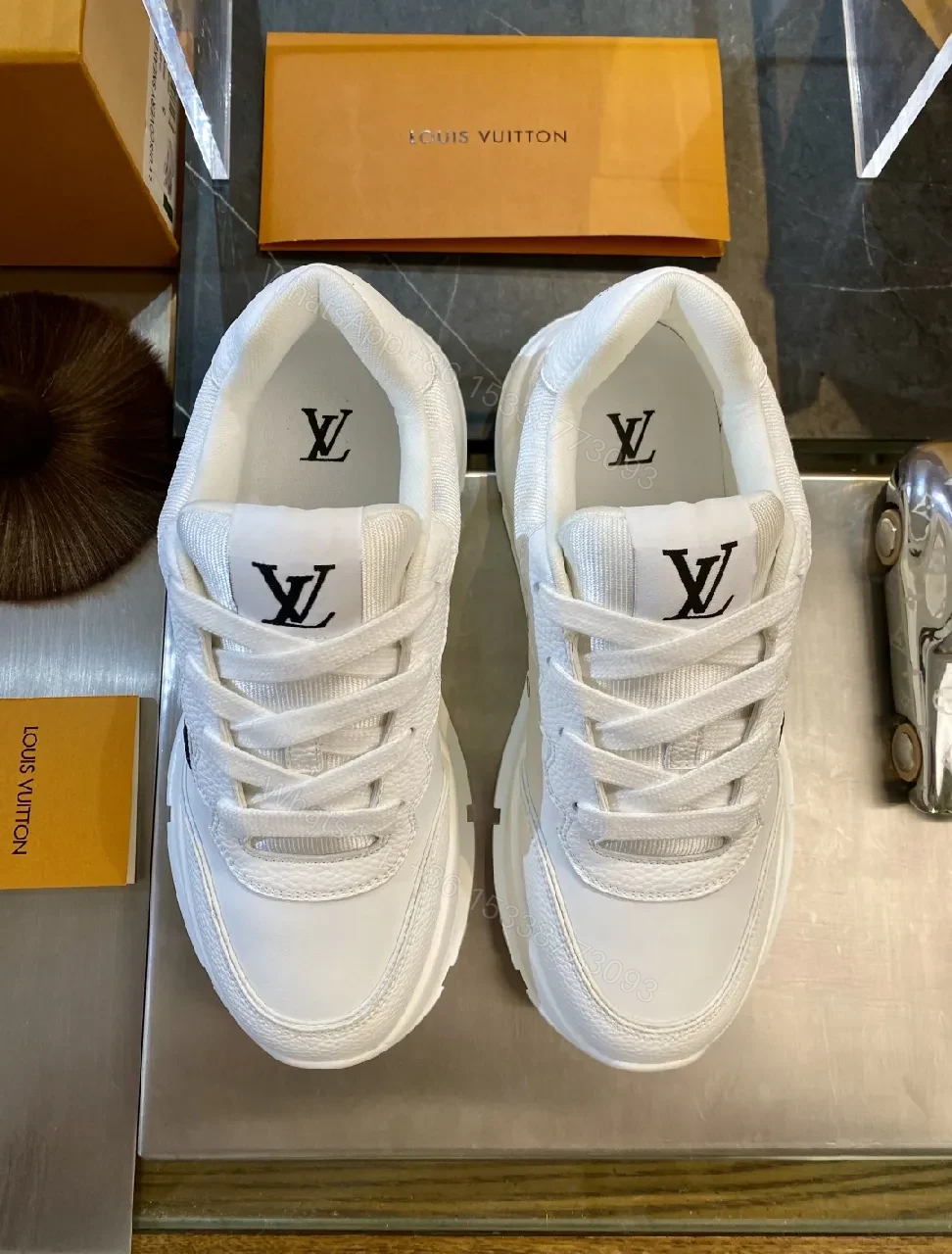 View 9 of White Leather Minimal Sneakers with LV-Inspired Accent
