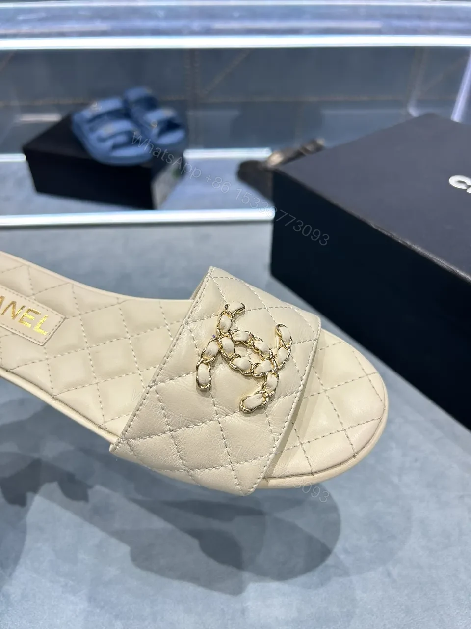 View 2 of Beige Quilted Slide: Luxe Comfort, Subtle Logo